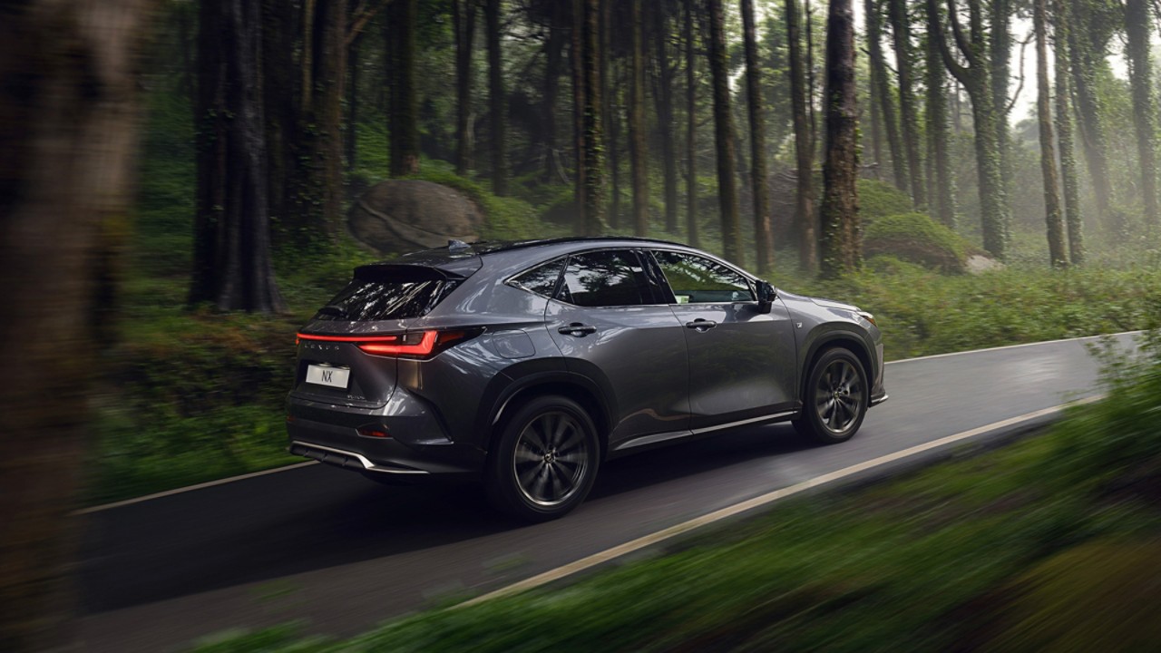 A Lexus NX driving through a woodland